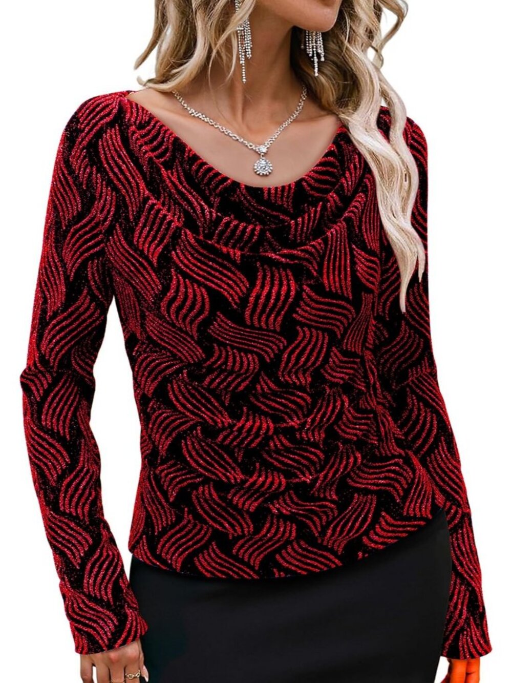Women's Black Red Cowl Neck Stretchy Glitter Cocktail Party Long Sleeve Tops